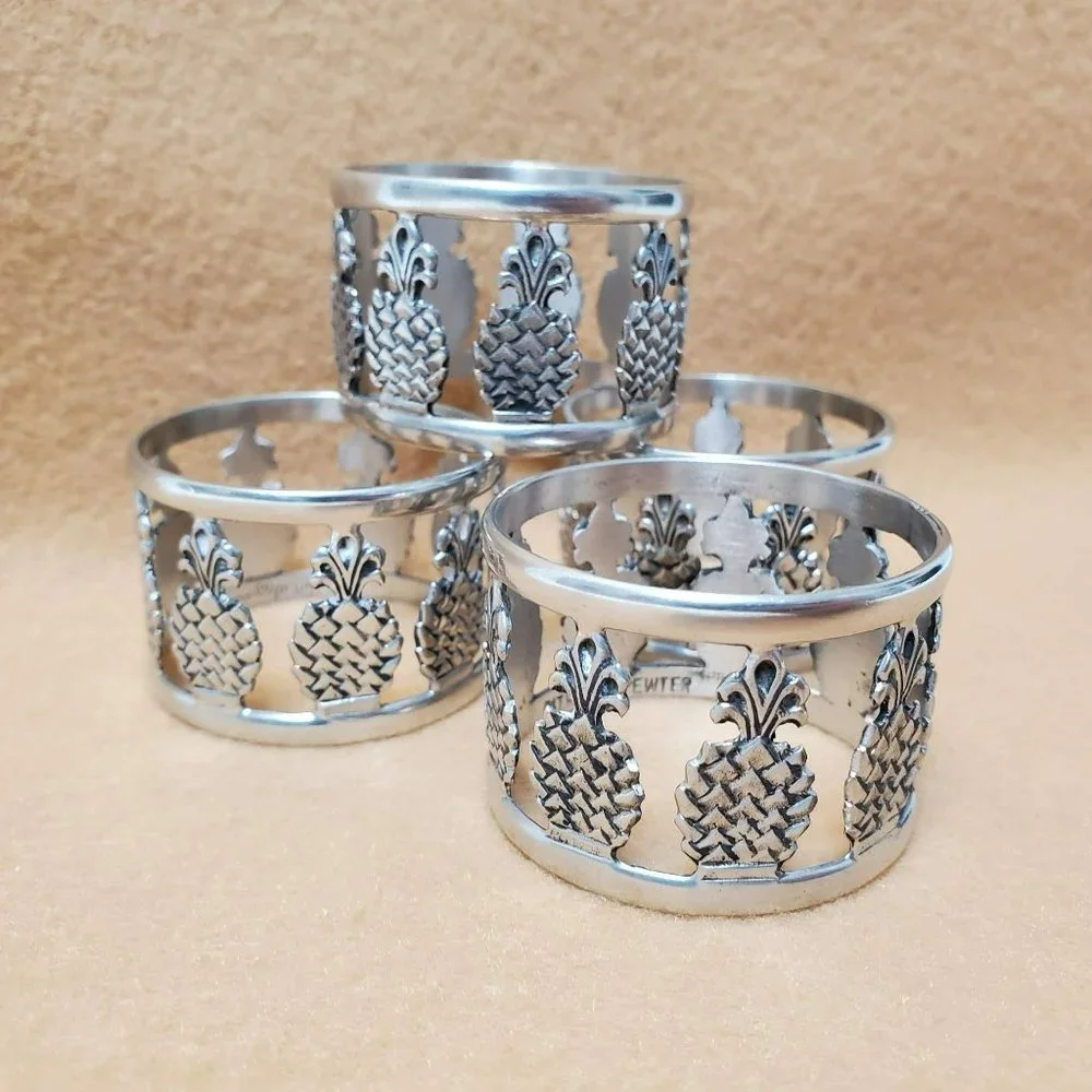 Patriot Pewter Napkin Rings, Set of 4 Pineapple Napkin Holders, Vintage Ginkgo